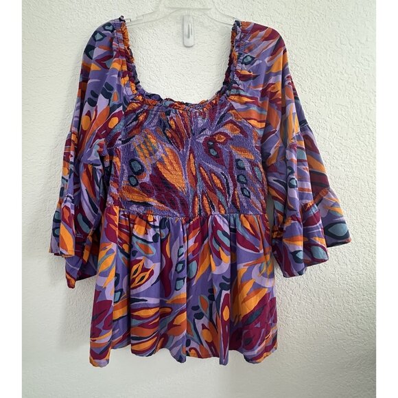 Terra & Sky Smocked Top Women's Size 1X Purple Bell S/Sleeve Artzy Abstract Boho - Picture 1 of 11